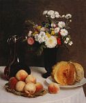 『花と果物、ワイン容れのある静物』 アンリ・ファンタン＝ラトゥール 1865 エヴァ パチンコ やめ どき、油彩 59.1 x 51.5 cm 国立西洋美術館